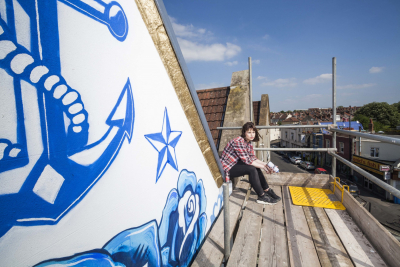 Gemma Compton, graffiti artist, Graffitti Mural on building of Upfest Gallery, North Street, Bristol,